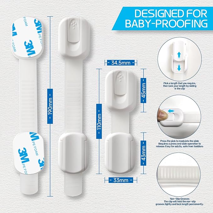 Child Safety Cabinet Locks, 8-Pack, Easy Install with 3M Adhesive, No Screws or Drilling, Multi-Purpose Latches for Cabinets, Drawers, Doors, Kitchen, Ovens, Toilets