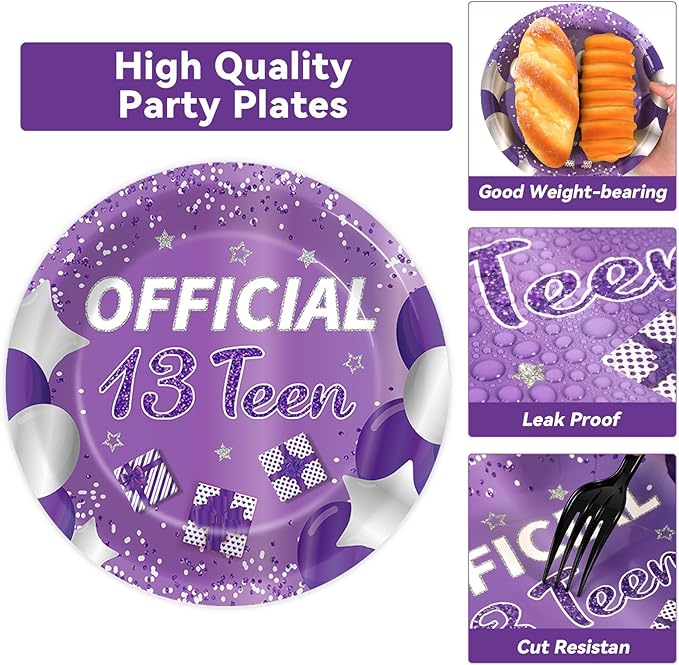 Qyeahkj 100 Pcs Purple Official Teen Birthday Decor 13th Birthday Plates Napkins Forks Set Disposable Official 13th Tableware Teenager Paper Plates Dinnerware Decorations Serve 25