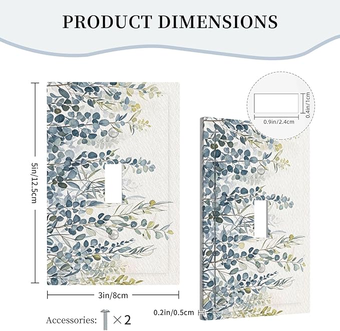 Decorative Switch Cover Plate with Green & Blue Watercolor Eucalyptus Botanical Foliage Design Single Gang Toggle Switch Plate Light Switch Covers Artistic Faceplate for Living Room Decor