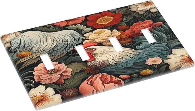 Light Switch Covers Rooster Flowers Red White Chicken Floral Quad Toggle Electrical Faceplate 4 Gang Wall Plate Decorative Switch Plates for living Room Farmhouse Decor