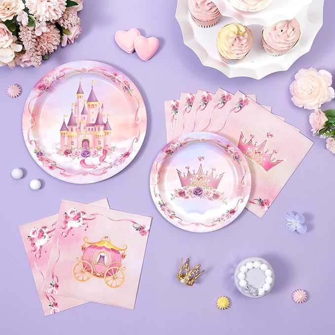 WERNNSAI Princess Party Decorations - 48PCS Princess Birthday Decorations Set Includes Plates Napkins Castle Crown Design for Pink Themed Birthday Party Picnic Wedding Serves 16 Guests