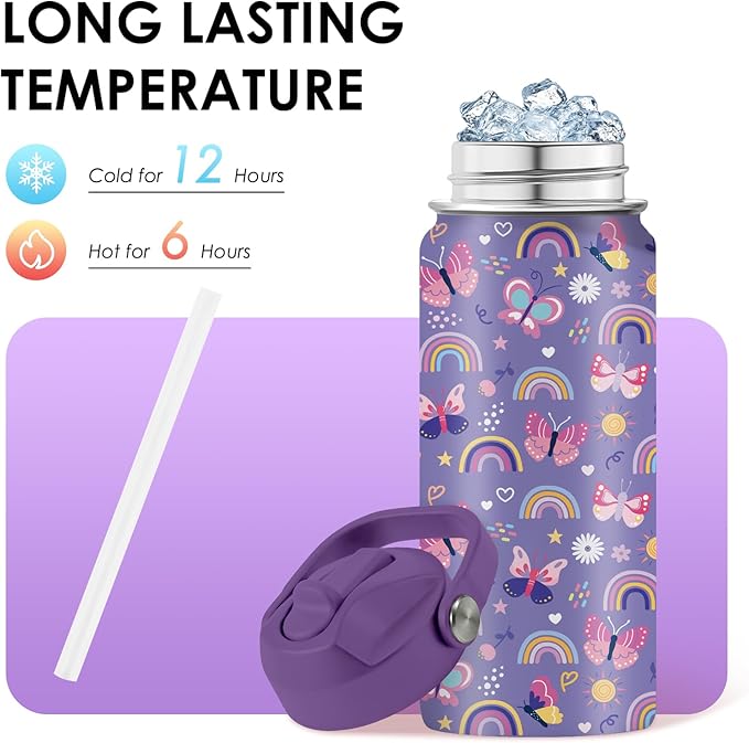 Butterfly Gifts - 16oz Purple Kids Water Bottle with Straw Lid, Stainless Steel Insulated Tumbler, Leakproof, BPA-Free, for Girls, School, Travel - Butterfly Rainbow Themed Birthday Gift Cup (1pc)
