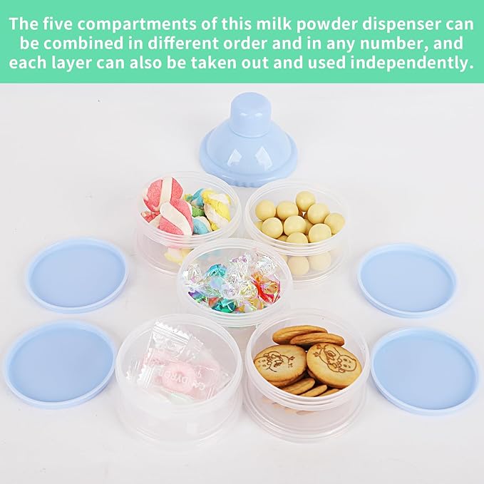 3-Pack 5-Layer Baby Formula Dispenser for Travel - Portable Milk Powder Container with Lids, Food Storage Box for Snacks, Candy, Powder (Blue, Green, Pink) - On-the-Go Formula Dispenser