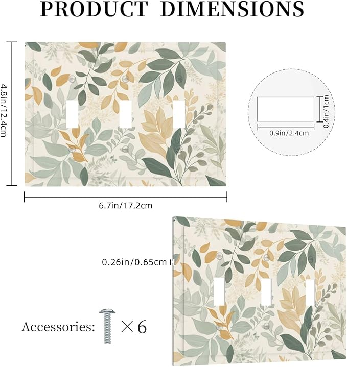 Boho Watercolor Leaves 3 Gang Light Switch Cover Watercolor Green Botanical Triple Toggle Wall Plate Decorative Electrical Switchplates Faceplate for Country Bedroom Kitchen Home Decor