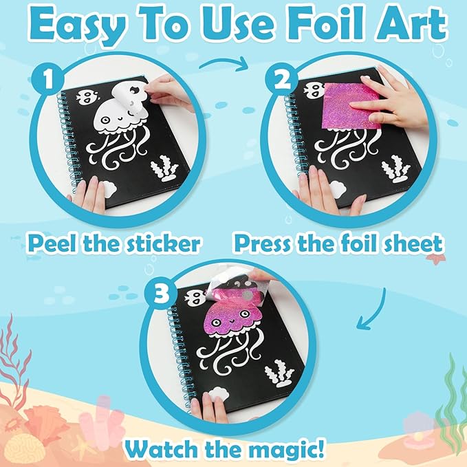 FUNNYB&G Foil Art Crafts for Kids Ages 4-8: Mother's Day 2026, Birthday Gift for Kids, Art and Crafts Supplies, Party Favors, Creative Toys for Kids 4 5 6 7 8 9 Years Old(Ocean)
