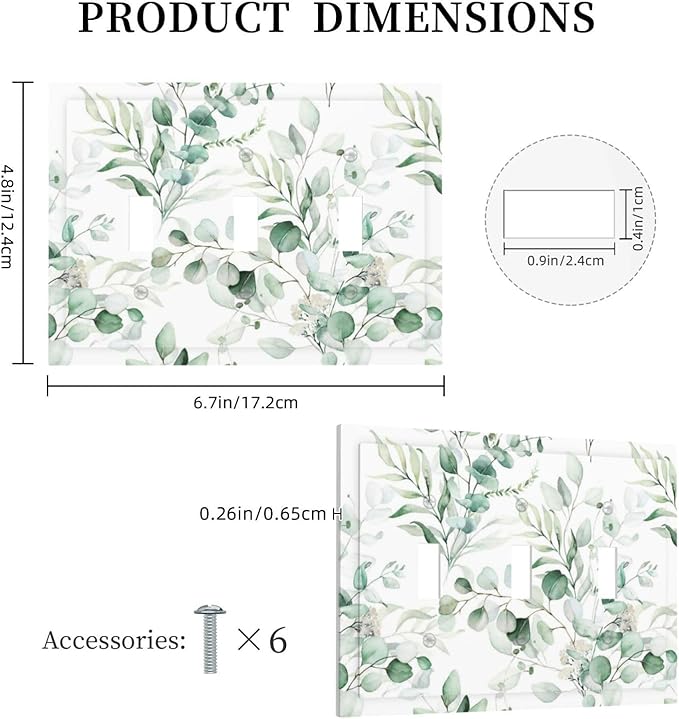 Boho Green Eucalyptus Leaf Floral Plants Flowers Decorative Switch Plates 3 Gang Wall Plate Triple Toggle Light Switch Cover Faceplate Electrical Wall Panels for Bed Room Living Room Decor