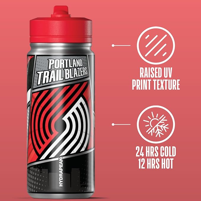 Hydrapeak x NBA Portland Trail Blazers 20 oz Stainless Steel Water Bottle, Officially Licensed Double Wall Insulated Sports Bottle with Straw Lid, Reusable Leakproof Gift for Kids & Adults