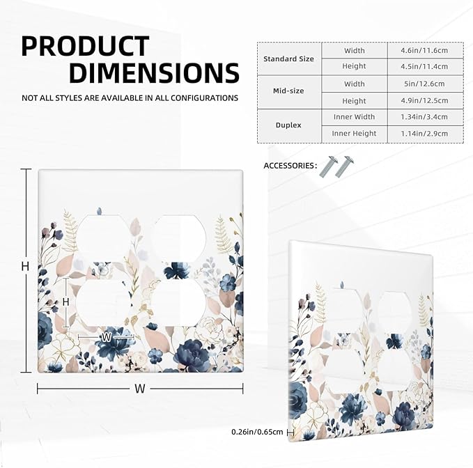 Blue Flora Boho Vintage Flower Golden Leaves Outlet Covers 2 Gang Double Duplex Decorative Light Switch Covers Electrical Wallplates Socket Faceplate for Bedroom Living Room Decor