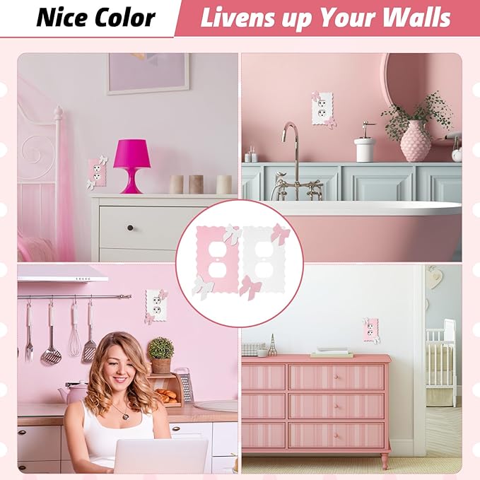 Relaxweex 2 Pcs Pink Bow Light Switch Cover Wall Plate Room Decor Metal Toggle Pink and White Cute Decorative Outlet Cover for Bedroom Home Decor (Round Hole)