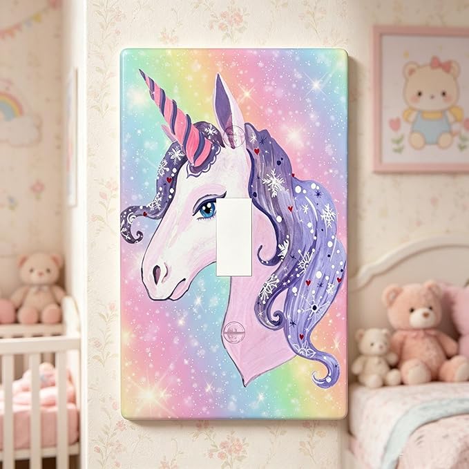 1-Gang Toggle Light Switch Plate, Unicorn Rainbow Printed Wall Plate, Cute Cartoon Decor for Girls Bedroom Nursery Kids Bathroom