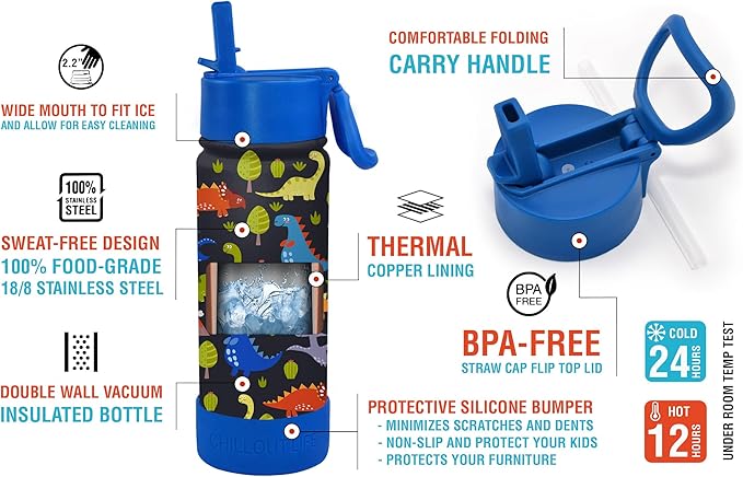 CHILLOUT LIFE 17 oz Kids Insulated Water Bottle for School with Straw Lid Leakproof and Cute Waterproof Stickers, Personalized Stainless Steel Thermos Flask Metal Water Bottle, Dishwasher Safe Color