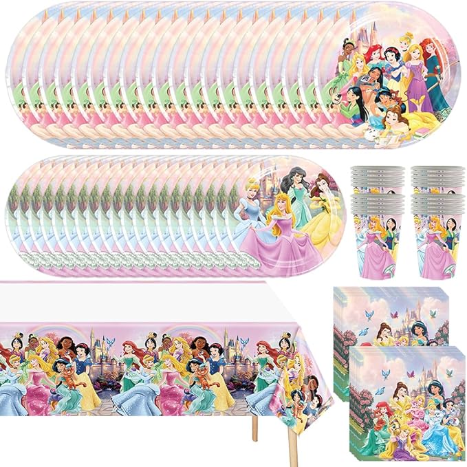 Princess Party Tableware Set, 82 PCS Princess Birthday Supplies Includes 40 Plates, 20 Napkins, 20 Cups, 2 Tablecloth for Birthday Party Decorations