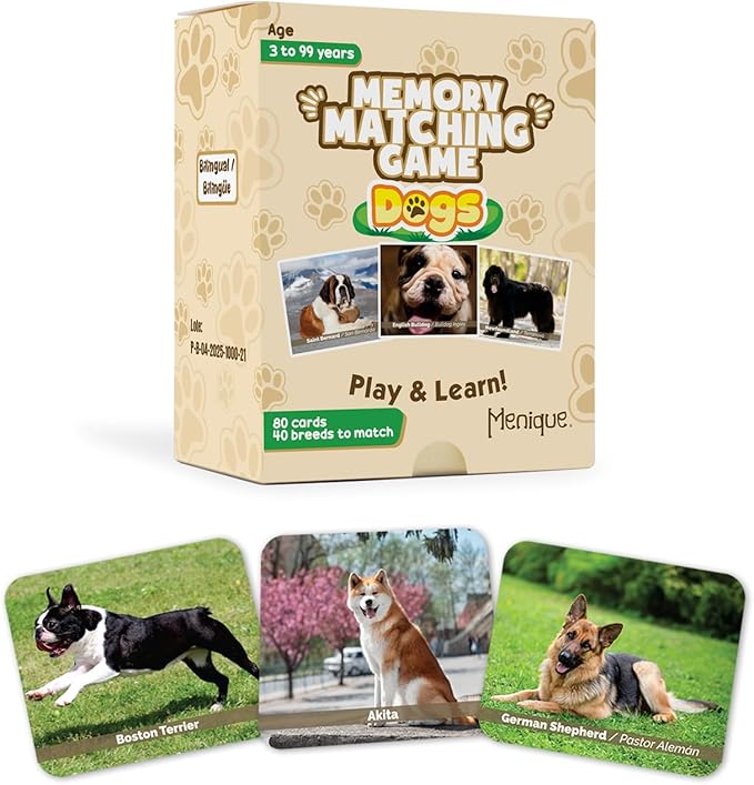 Menique – Dogs Memory Matching Game – Bilingual – 80 Cards (40 Pairs) with Real Photographs – Educational Game for Kids and Adults