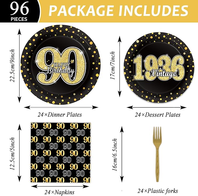 96PCS 90th Theme Birthday Party Tableware Vintage 1936 Party Supplies 90 Year Old Birthday Decorations Plates Napkins Forks Black and Gold Dinnerware Favors for Men or Women