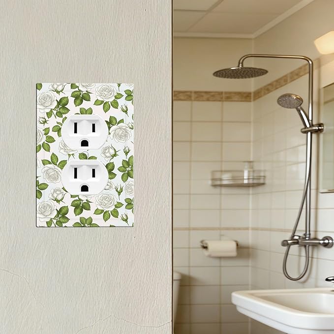 Elegant White Roses & Green Leaves Floral Duplex Wall Plate - 1-Gang Standard US Size Timeless Rose Garden Outlet Covers for Bathroom Bedroom Vanity Decor