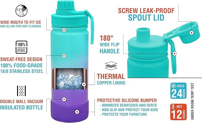 CHILLOUT LIFE 17 oz Kids Insulated Water Bottle for School with Leakproof Spout Lid and Cute Waterproof Stickers, Personalized Stainless Steel Thermos Flask Metal Water Bottle for Girls & Boys