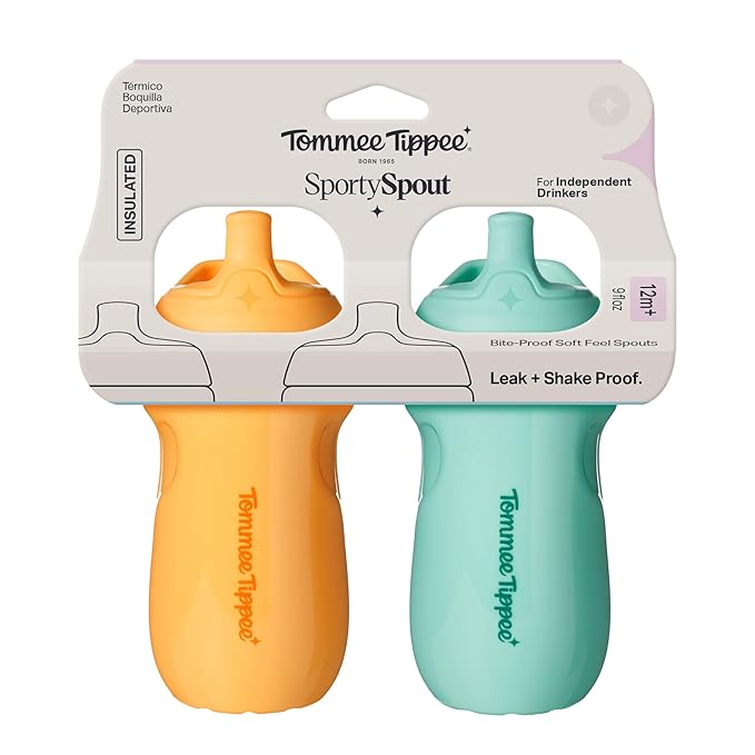 Tommee Tippee Insulated 9oz Sporty Spout Toddler Water Bottle, No Spill, Sippy Cups for Toddlers 1-3, Two-Piece Valve Helps Stop Spills, Light Blue & Orange, BPA Free, Pack of 2