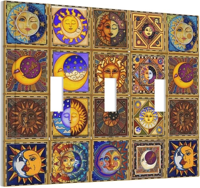 Mexican Talavera Tiles Star Pattern Celestials Theme Print Decorative Switch Plates 3 Gang Wall Plate Triple Toggle Light Switch Cover Faceplate Electrical Wall Panels for Kitchen Home Decor
