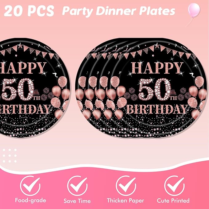 Ryzovo 62Pcs 50th Birthday, Vintage 50 Birthday Black and Rose Gold Disposable Paper Plates and Napkins Party Supplies for 20 Guests, Include 7'' Plates 9'' Plates Napkins and Tablecloth