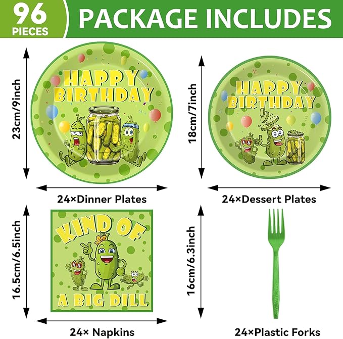 96pcs Funny Pickle Party Plates and Napkins for Kind of A Big Dill Birthday Party Supplies Dill Cucumber Themed Paper Dessert Plates Cartoon Pickle Tableware Set for Kids 24 Guests Table Decorations