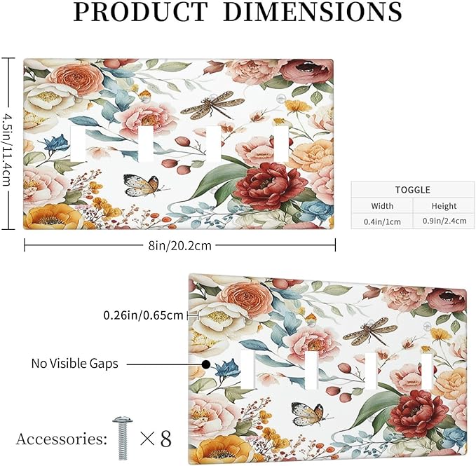 Rustic Style Colorful Peony Butterfly Dragonfly Light Switch Covers Quad Toggle 4 Gang Wall Plate Decorative Switch Plates Electrical Faceplate for Bedroom Living Room Decor