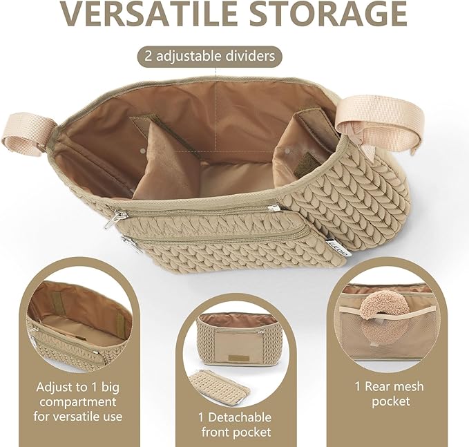 Stroller Organizer - Stylish 3D Herringbone Quilting Nylon, Universal Fit, Detachable Bag, Adjustable Multi-Storage for Baby Essentials