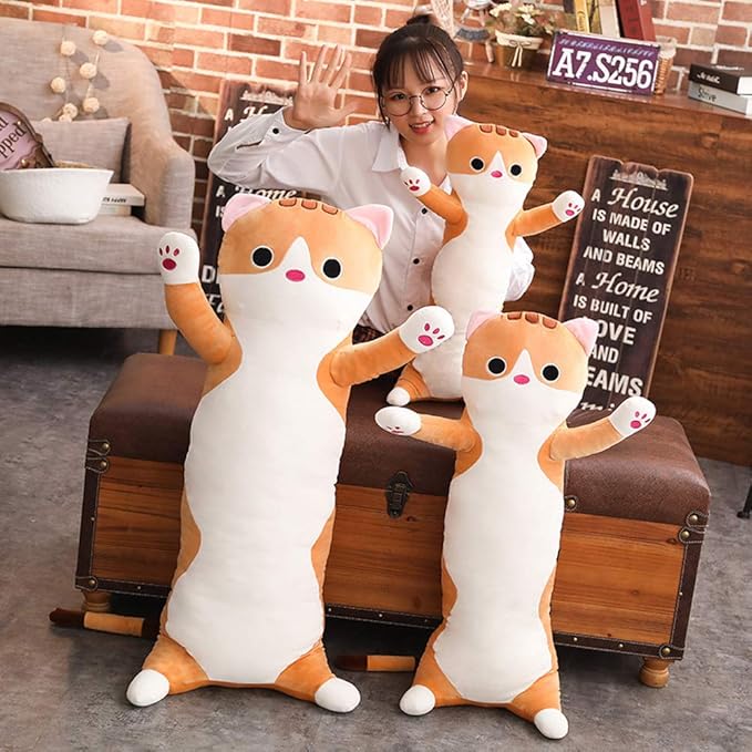 Cat Plush Hugging Pillow, Soft Kitten Plush Body Toy Gifts for Kids (Brown, 27.55 inch)