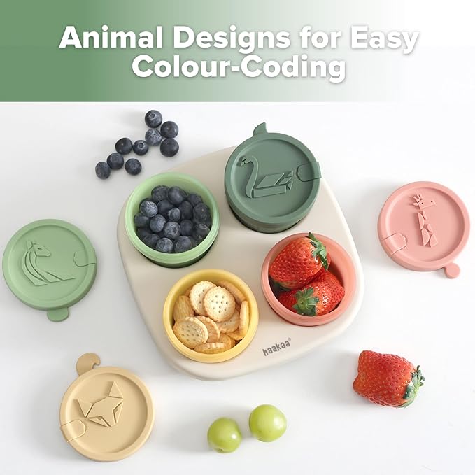 Haakaa Animal Friends Silicone Food Pod Set, 4oz/120ml Baby Food Containers & Jars with Tray, Leakproof Lids, Ice Cream Containers for Homemade Ice Cream,4 Pack,Oat Tray