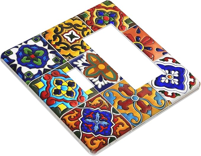 Vintage Colorful Boho Mexican Moroccan Tile Outlet Covers 1 Toggle 1 Rocker Combination Decorative Wall Plate Electrical Switch Plates Light Switch Cover Plate for Farmhouse Home Decor