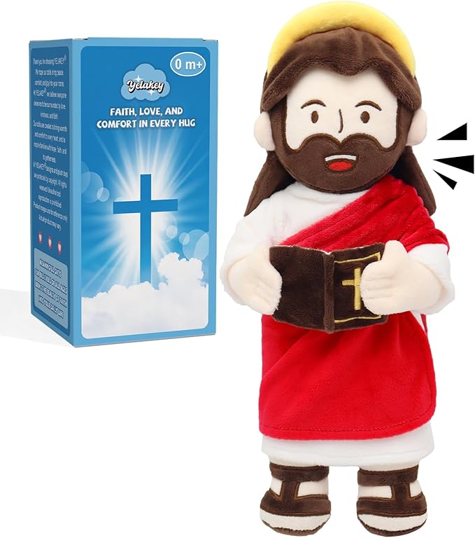 Yelakey Jesus Plush Talking Doll with Halo,Speak 20 Bible Verses & 20 Songs,13.4" Interactive Hymn Stuffed Plushie Perfect Religious Gift for Kids Sunday School & Easter Celebrations