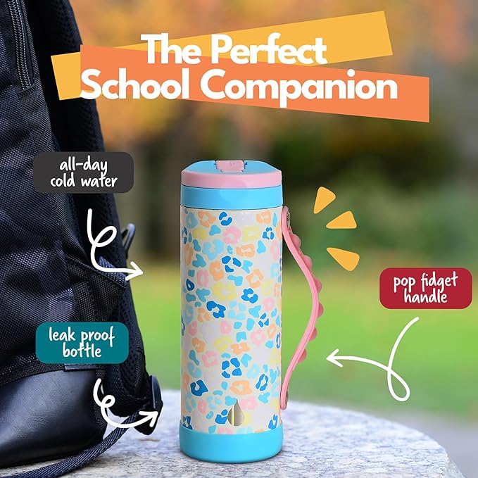 Elemental Iconic Kids Water Bottle for School - 100% Leak-Proof Insulated Water Bottles with Straw Lid & Pop-It Handle for Boys & Girls - Triple-Wall Insulated & BPA-Free, 14oz – Pastel Leopard