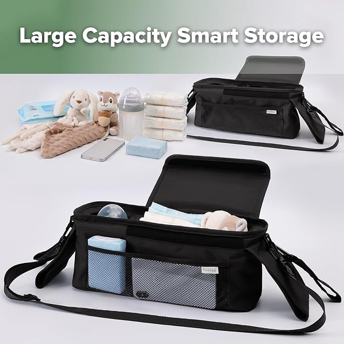 haakaa Universal Stroller Organizer - Black, Single Cup Holder, Stroller Caddy Accessories with Shoulder Strap & Extra Non-Slip Stroller Hook, Fits Most Strollers