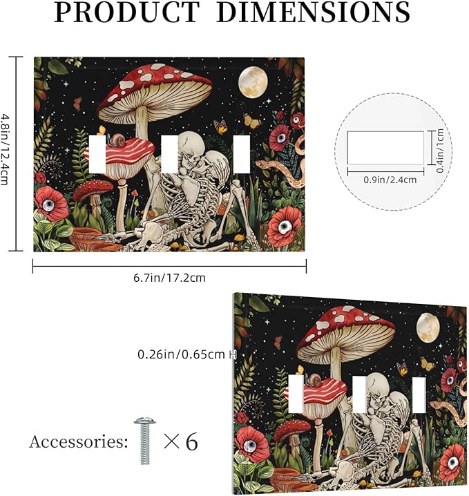 Skeleton Moon Star Plants Flora Triple Toggle Light Switch Cover Decorative 3 Gang Wall Plates Electrical Faceplate Mushroom Skull for Decor Bathroom Kitchen Bedroom