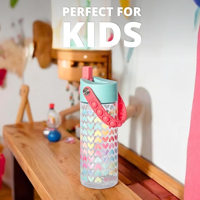 Elemental Leak Proof Water Bottles for Kids - Splash Kids Water Bottle for School with Pop-it Handle - BPA Free Tritan Plastic Reusable Water Bottle with Straw - Rainbow Heart - 18oz