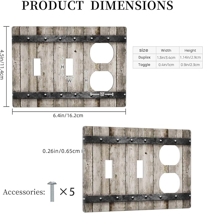 Vintage Retro Western Barn Cabin Door Wood 3-Gang Combination Wall Plate 2 Toggle 1 Duplex Receptacle Outlet Cover Kitchen Country Farmhouse Style Decorative Combo Device Light Switch Faceplate Cover