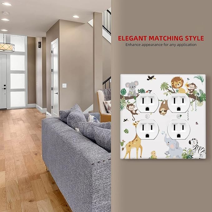 Jungle Animals Tree Branch Monkey Giraffe Lion Elephant Outlet Covers 2 Gang Double Duplex Decorative Light Switch Covers Electrical Wallplates Socket Faceplate for Kids Room Nursery Decor