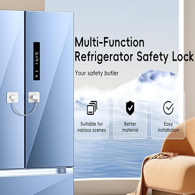 4 Pack Refrigerator Locks with Keys for Kids and Adults, Self Adhesive Child & Baby Proofing Fridge Latch for Double Door, French Door, Cabinets and Drawers, Oven, Windows (Patent)