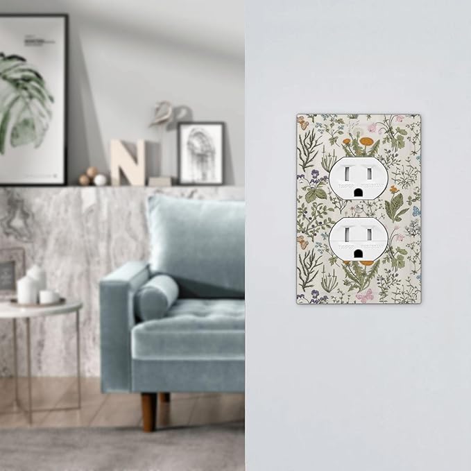 Outlet Covers Boho Floral Vintage Flowers Plants 1 Gang Duplex Light Switch Cover Plate Decorative Wall Plates Electrical Switchplate Receptacle for Bathroom Bedroom Decor（2 Pack）