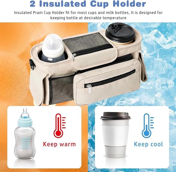 Baby Stroller Organizer, Universal Stroller Organizer with Detachable Phone Bag, Stroller Caddy with 2 Insulated Cup Holders, Buggy Organizer Bag with 2 Hooks Fits Most Strollers (White)