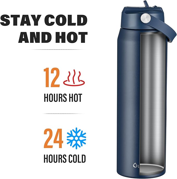 Oldley 32oz Insulated Water Bottle with Straw, Stainless Steel Water Bottle for Sports, Travel, School, BPA-Free Sports Bottles for Adult Kids, Leak-Proof, Navy Blue