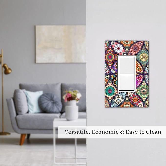 Boho Floral Pretty Colorful Mandala Flowers Decorative Outlet Covers 1 Gang Single Rocker Light Switch Cover Plate Wall Plates GFCI Faceplate for Bedroom Living Room Decor