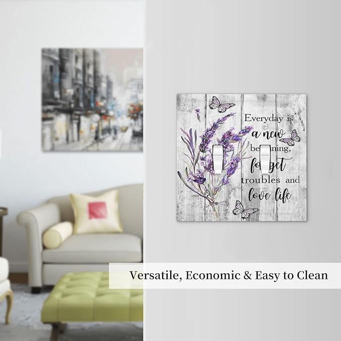 Light Switch Cover Purple Lavender Flower Butterfly on Wood Plank 2 Gang Wall Plate Double Light Switch Plate Inspirational quotation Floral Toggle Decorative Outlet Covers Electrical Switchplate