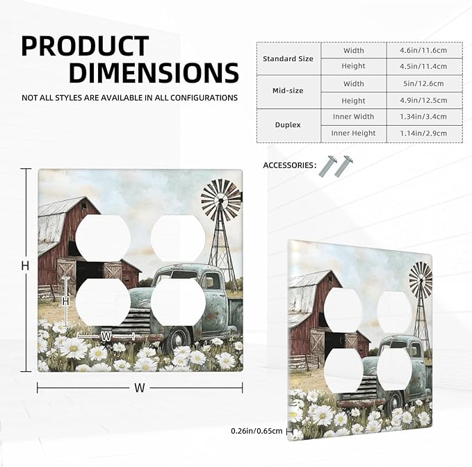 Retro Trucks Old Barn Windmill Teal Car Rustic Outlet Covers 2 Gang Double Duplex Decorative Light Switch Covers Electrical Wallplates Socket Faceplate for Farmhouse Home Decor