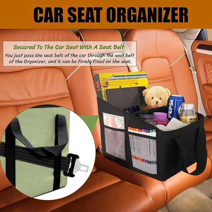 BLIRITEL Car Seat Organizer for Front & Back Seat, Passenger Seat Organizer, Small Car Seat Storage Caddy for kids & Adult with Divide, Handles and Multiple Mesh Pockets (Cyan)