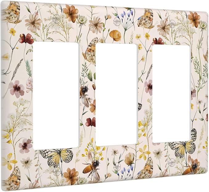 Vintage Butterflies Triple Rocker Wall Plates Colorful Wildflower Light Switch Plate Covers Decorative Cute Bees GFCI Lightswitch Faceplate Beige Flower Leaves Dimmer Decor for Bedroom Kidroom