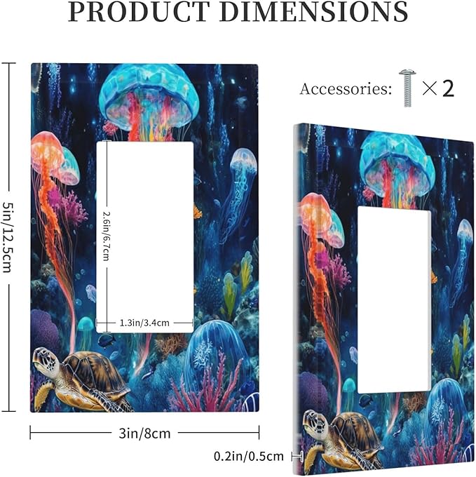 Jellyfish Sea Turtle Fantasy Ocean Coral Underwater World Decorative Outlet Covers 1 Gang Single Rocker Light Switch Cover Plate Wall Plates GFCI Faceplate for Nursery Kids Room Decor
