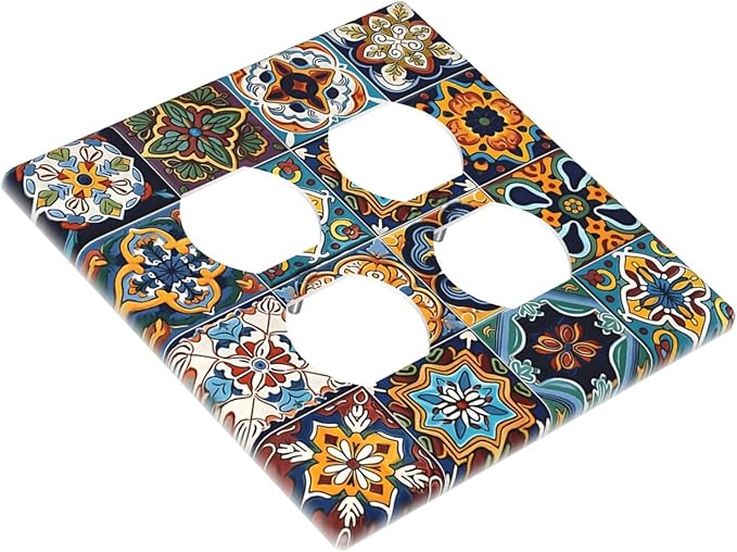 Mexican Talavera Tiles Floral Outlet Covers 2 Gang Double Duplex Decorative Light Switch Covers Electrical Wallplates Socket Faceplate for Bathroom Kitchen Decor
