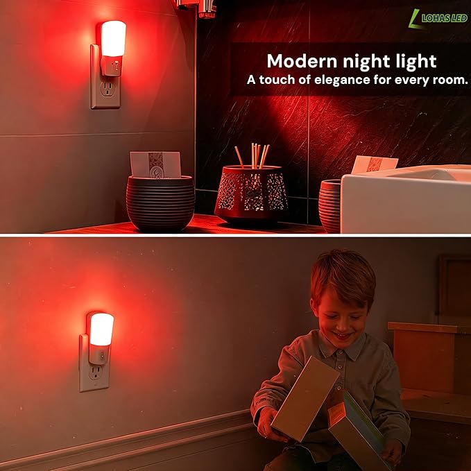 LOHAS-LED Red Light Night Light Plug in, Dimmable LED Night Lights 2 Pack, Dusk to Dawn Sensor, Sleep Aid Red, 0-80LM Adjustable Brightness Red Nightlight for Nursery Kids Room Hallway Kitchen Gift