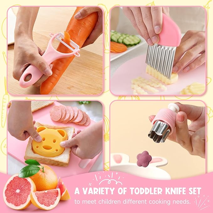 28PCS Toddler Knife Set - Kids Knifes for Real Cooking, Wooden Kids Kitchen Knife Set with Gloves Cutting Board Crinkle Cutters Kid Safe Knives, Toddlers Kitchen Tools (Crocodile 16PCS Set)
