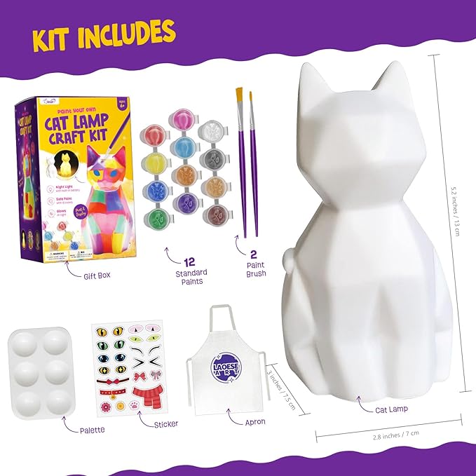 LAOESE Paint Your Own Cat Lamp Kit, Arts and Crafts for Kids Ages 8-12, Art Supplies Painting kit for Kids 6-12, Cat Night Light Toys Girls Boy Birthday Gifts for Kids Ages 3 4 5 6 7 8 9 10 11 12+